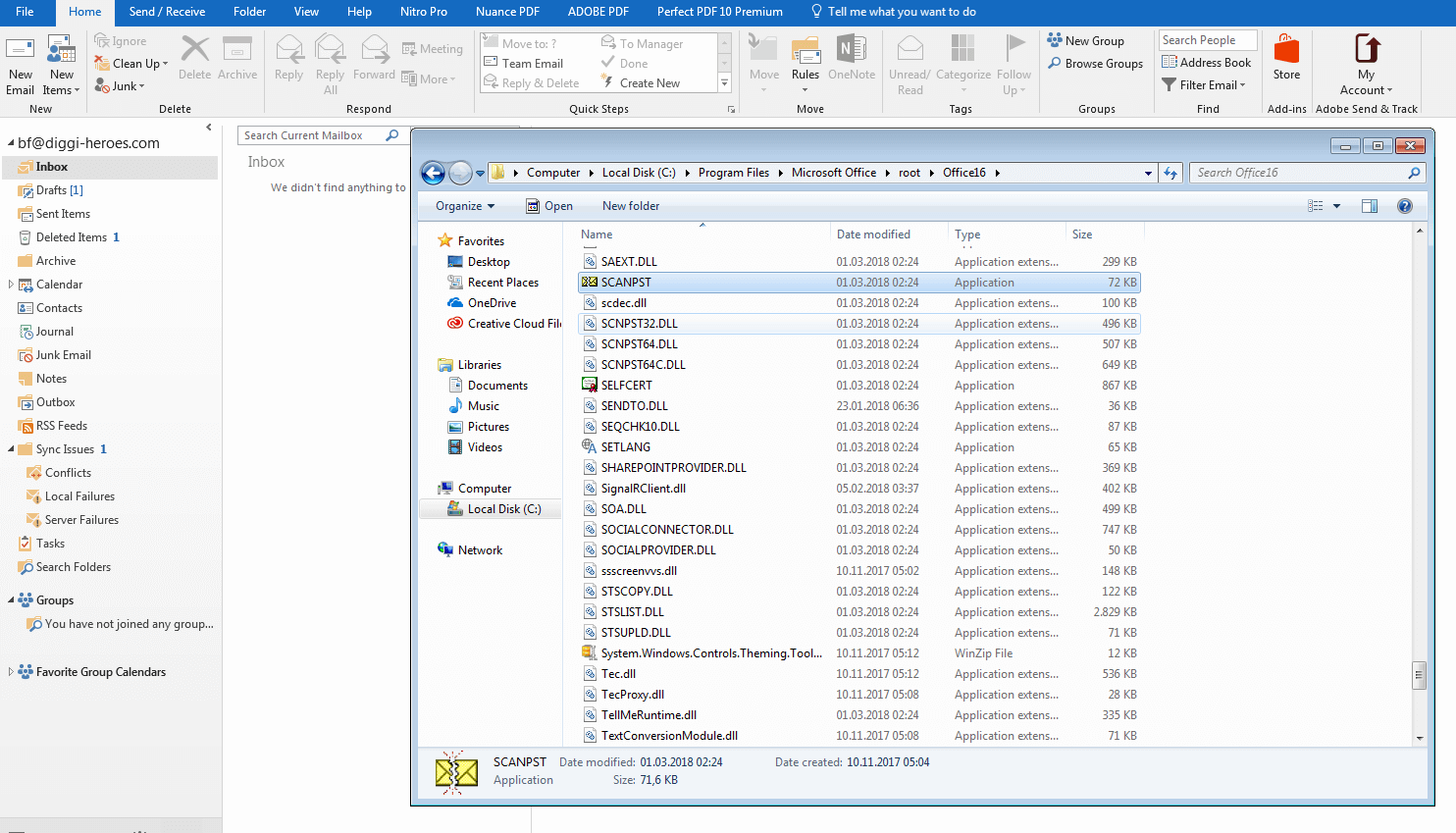 search function in outlook not working